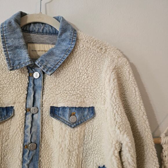 Anthro Pilcro and the Letterpress Sherpa Denim Jacket Cream Blue Size S Small - Picture 3 of 12